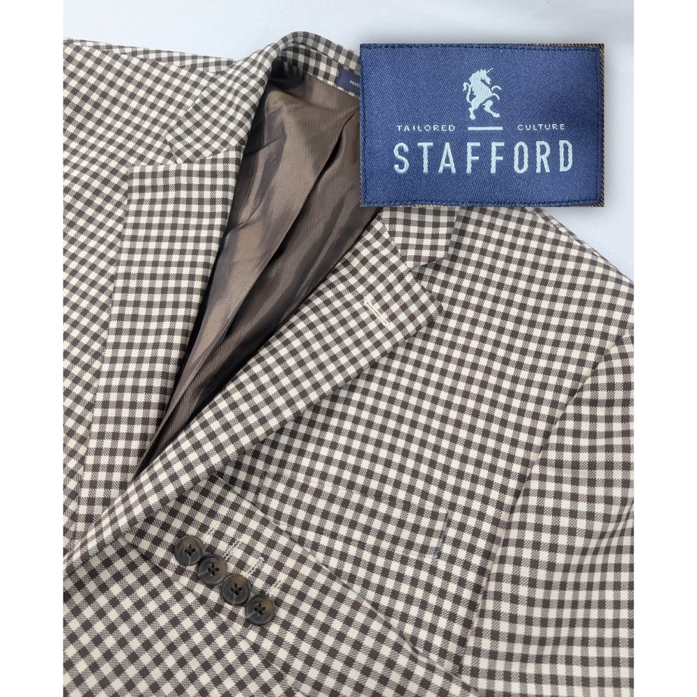 Stafford 42R 44"  Brown Gingham Check 100% Wool Jacket Blazer Sport Coat Hopsack